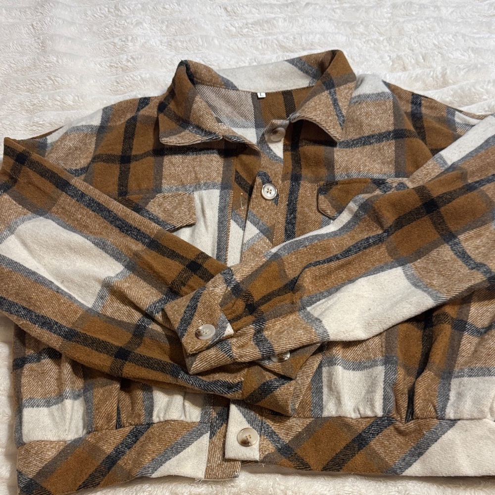 Plaid Brown and White Women's Jacket - Picture 3 of 6